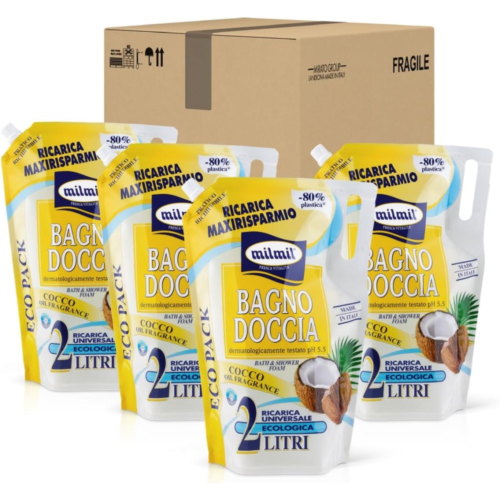 Milmil Bagno Doccia Cocco Oil, Detergente Profumato, Busta Ricarica Maxi, 4 x 2000 ML