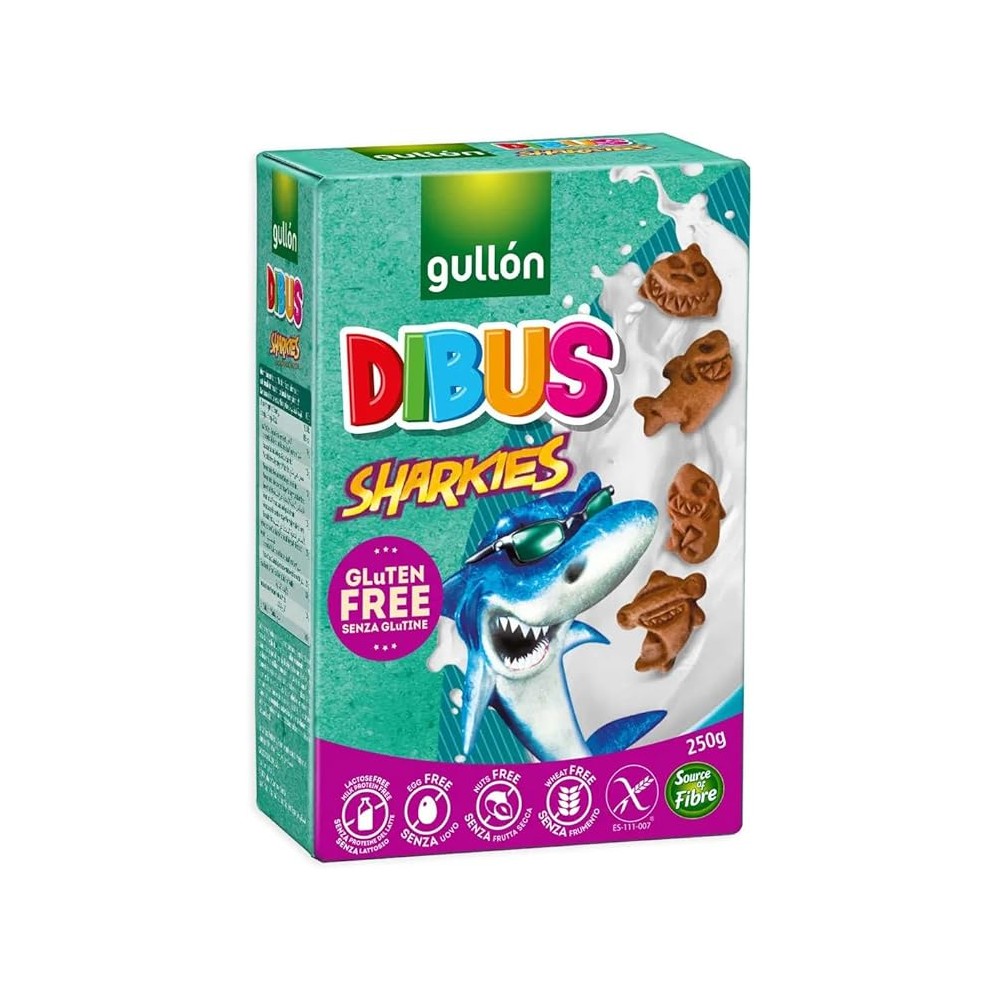 8X Gullon Dibus Sharkies Biscotti al Cacao a Forma di Squalo Senza Glutine e Lattosio (Gluten and Lactose Free) 250g