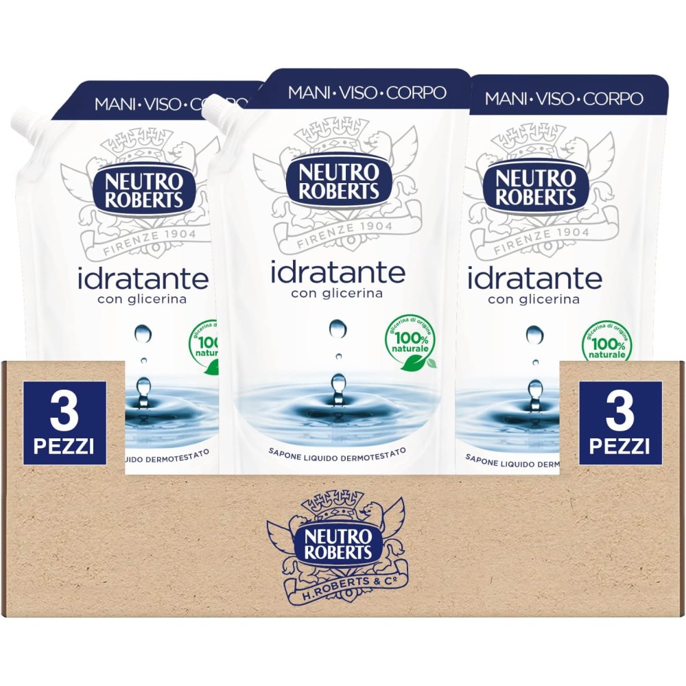 3 Neutro Roberts Ecopouch Ricarica Sapone Liquido Idratante per Mani Viso e Corpo Ecoricarica