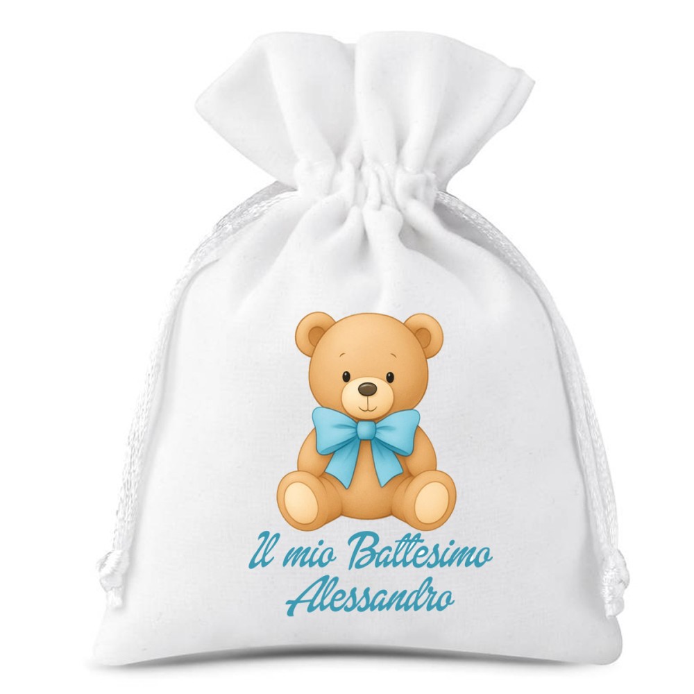 30 Sacchetti Orsetto Fiocco celeste personalizzabili