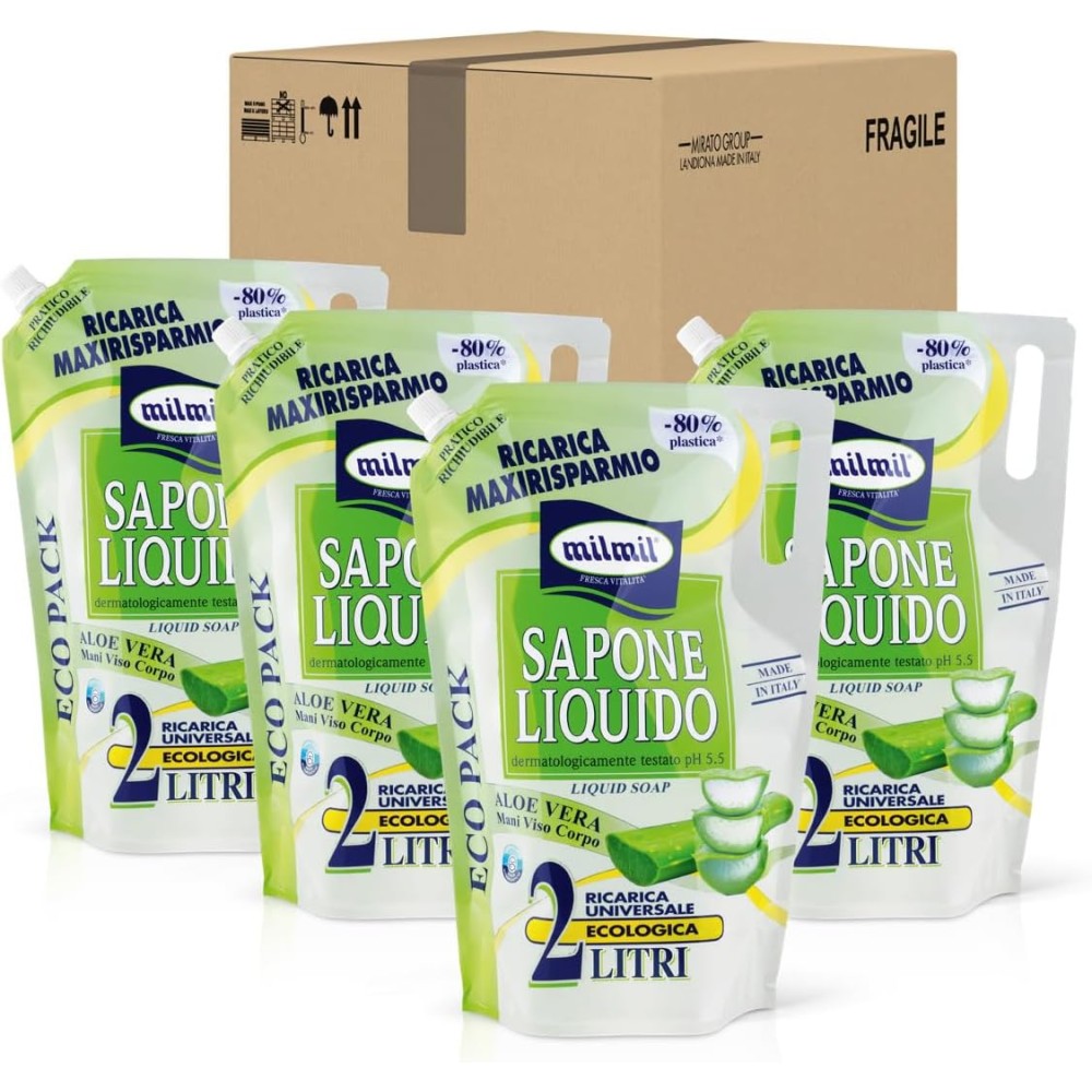 Delice Sapone Liquido, Fragranza Aloe Vera, Ricarica Universale Maxirisparmio, Dermatologicamente Testato - 2000 ML x 4