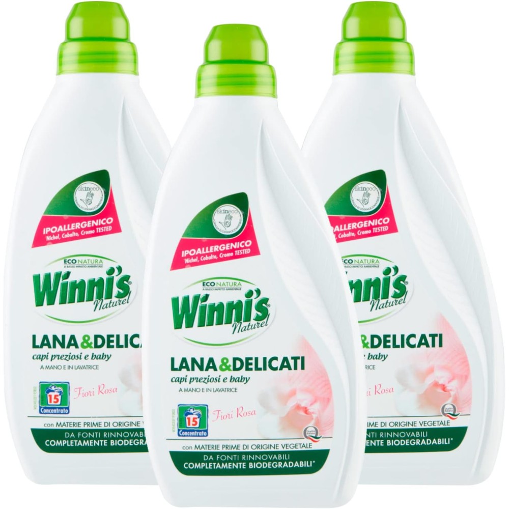 Winni's Naturel Lana e Delicati Detersivo Liquido Bucato a Mano Lavatrice Fiori Rosa Per Capi Preziosi e Baby 3 Flaconi da 750ml