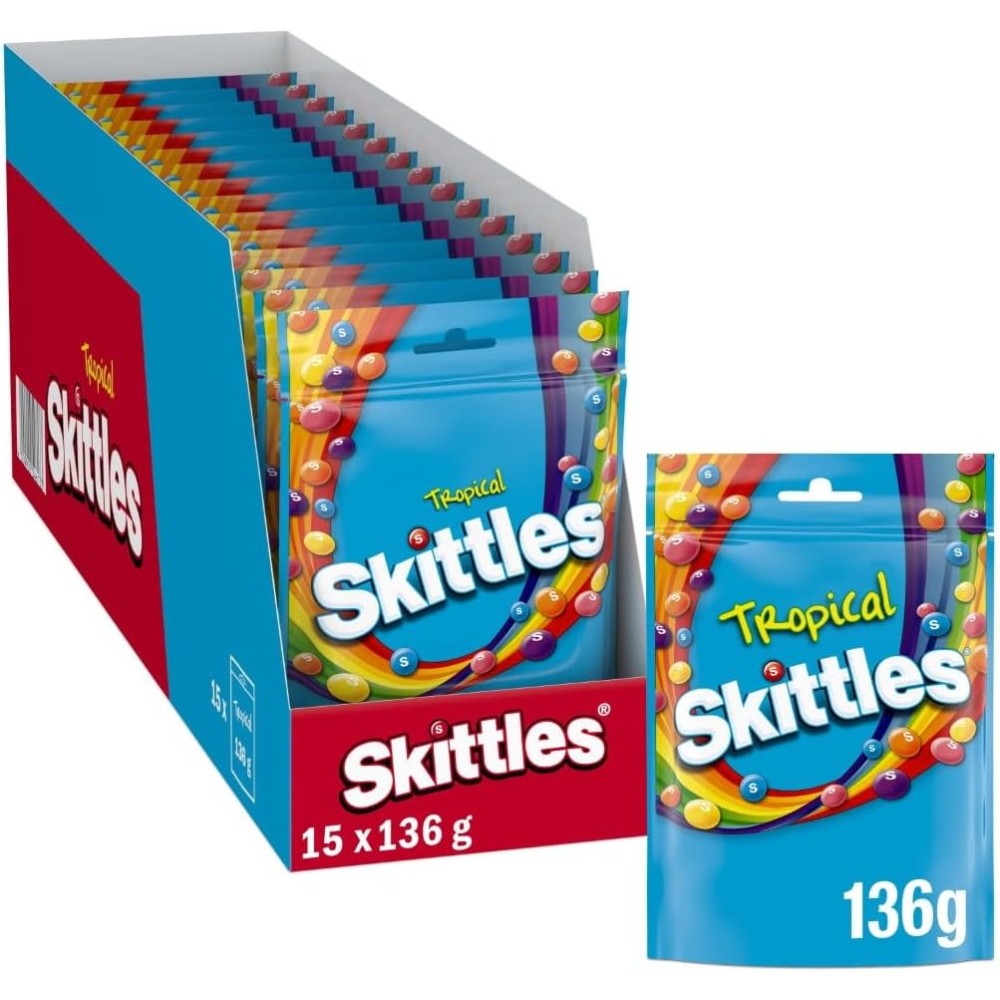 Skittles Tropical, Caramelle Americane Rotonde Colorate a tutti i Gusti della Frutta Tropicale, 15 confezioni da 136g