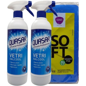 2 Quasar VETRI CON ALCOOL 580ml + Panno SOFT 30x30