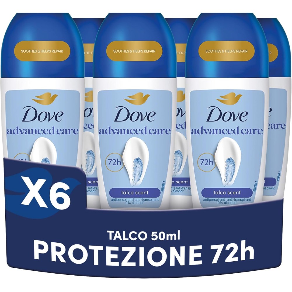 6 Dove Deodorante Roll On Advanced Care Talco, Deodorante Antitraspirante, Formula Delicata