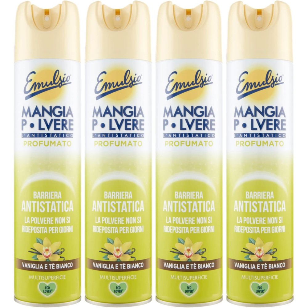 Emulsio Mangia Polvere L'antistatico Vaniglia e Tè Bianco 4 Flaconi Spray da 300ml