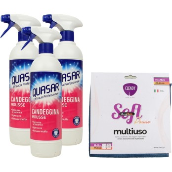 SET PULIZIA: 3x Quasar Candeggina Mousse, Sgrassa e 580ml + Panno Microfibra Soft Multiuso 33x33