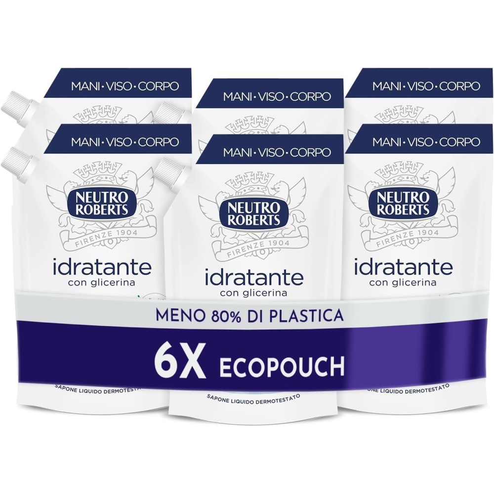 6 Neutro Roberts Ecopouch Ricarica Sapone Liquido Idratante per Mani Viso e Corpo Ecoricarica