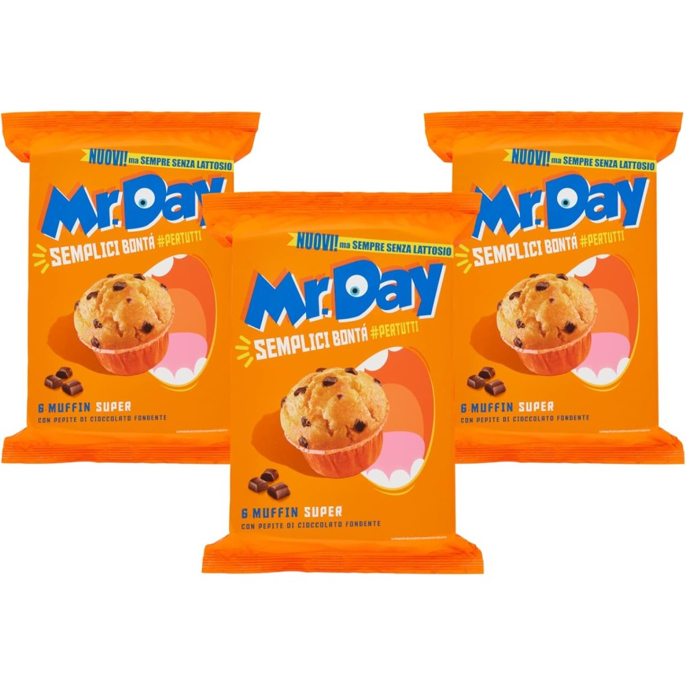 3X Mr. Day Muffin con Pepite di Cioccolato Fondente Senza Lattosio (Lactose Free) 300g