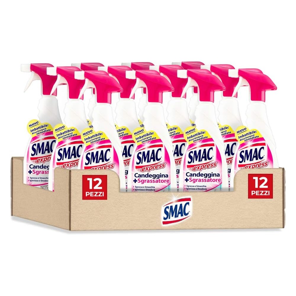 Smac Express Sgrassatore con Candeggina, Detergente Spray con Azione Sgrassante e Igienizzante, 650 ml x 12 Pezzi