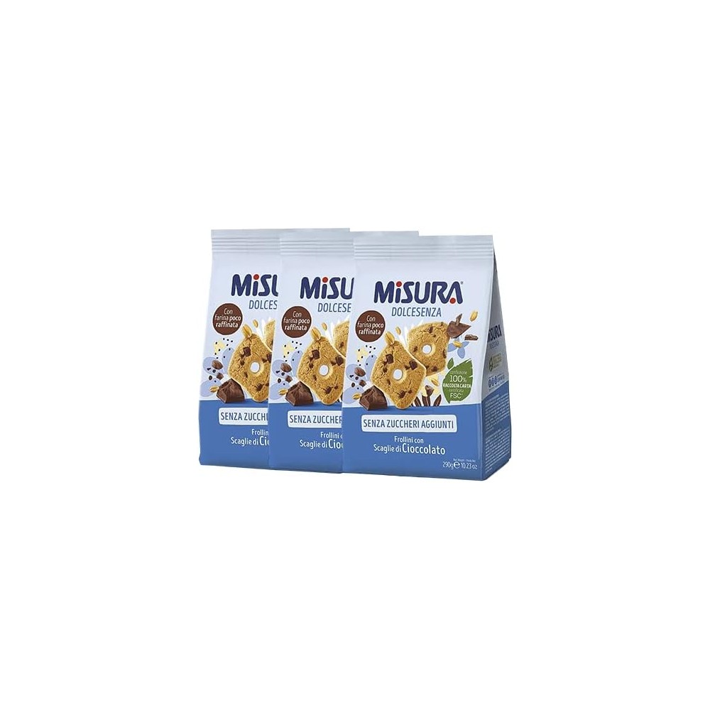 3X Misura Dolcesenza Frollini Biscotti con Scaglie di Cioccolato Senza Zuccheri Aggiunti 290g