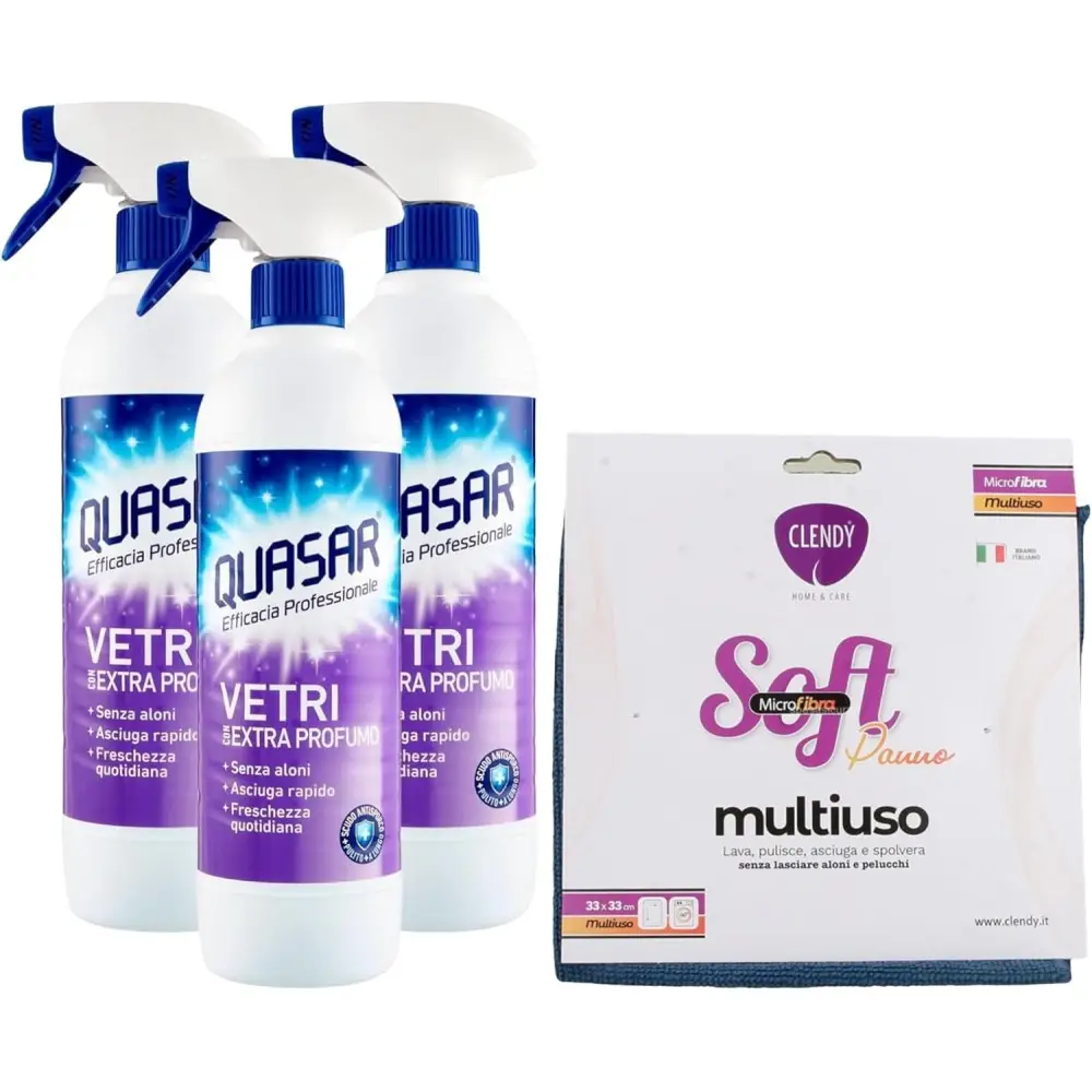 3x Quasar Detergente, VETRI Con EXTRA PROFUMO. Senza Aloni, Asciuga Rapido, Freschezza Quotidiana 580ml + Panno