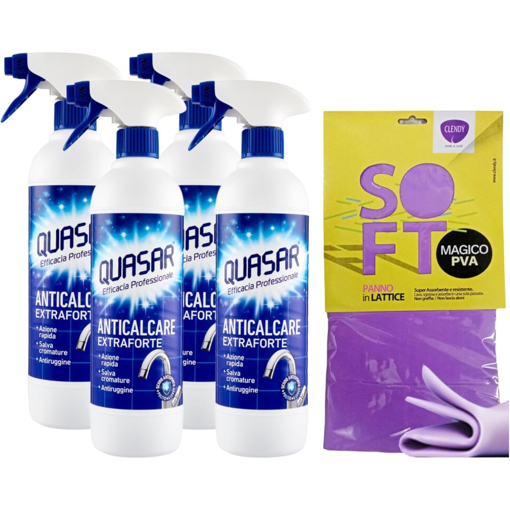4x Quasar ANTICALCARE EXTRAFORTE, Azione Rapida, Salva Cromature Antiruggine 580ml + Panno Soft In Lattice 30x30