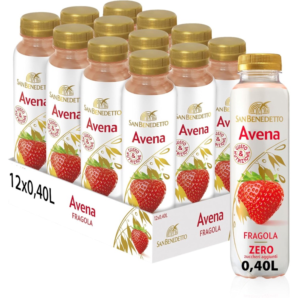 San Benedetto Avena alla Fragola. Bevanda vegetale gustosa e nutriente Zero Zuccheri aggiunti 12x400