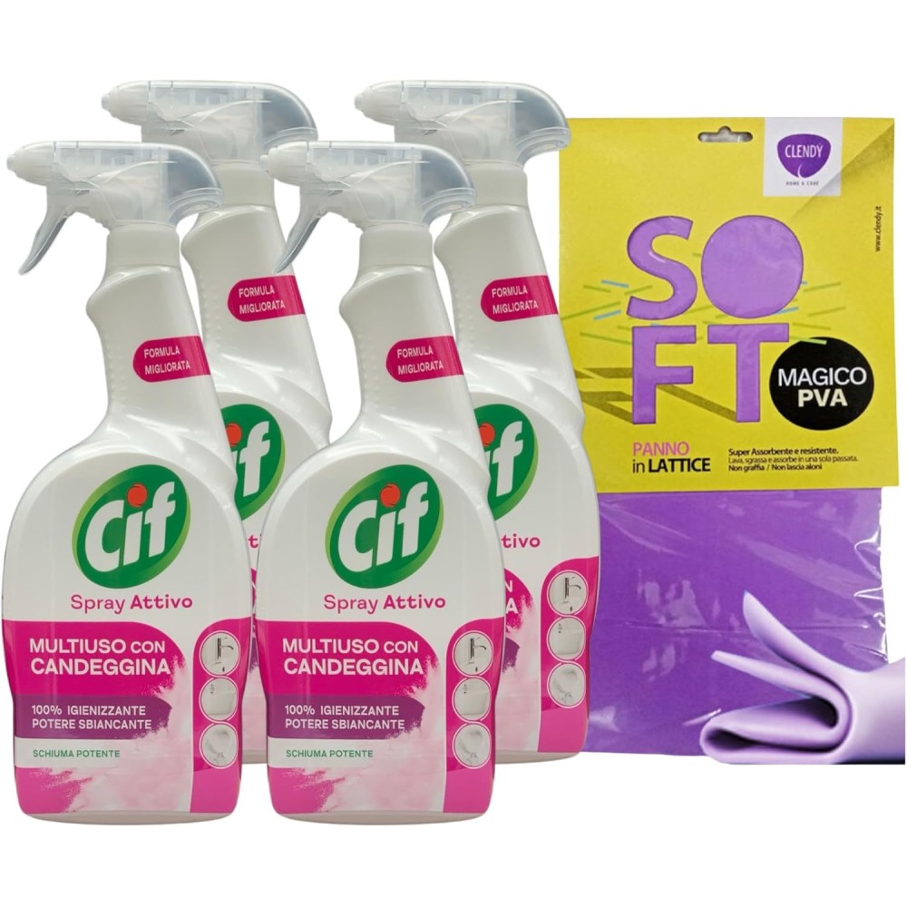 4 Cif detergente Spray Attivo MULTIUSO Con CANDEGGINA 650ml + Panno Lattice SOFT 30x30