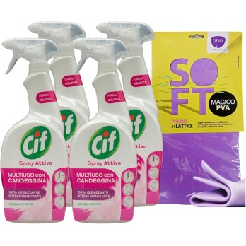 4 Cif detergente Spray Attivo MULTIUSO Con CANDEGGINA 650ml + Panno Lattice SOFT 30x30