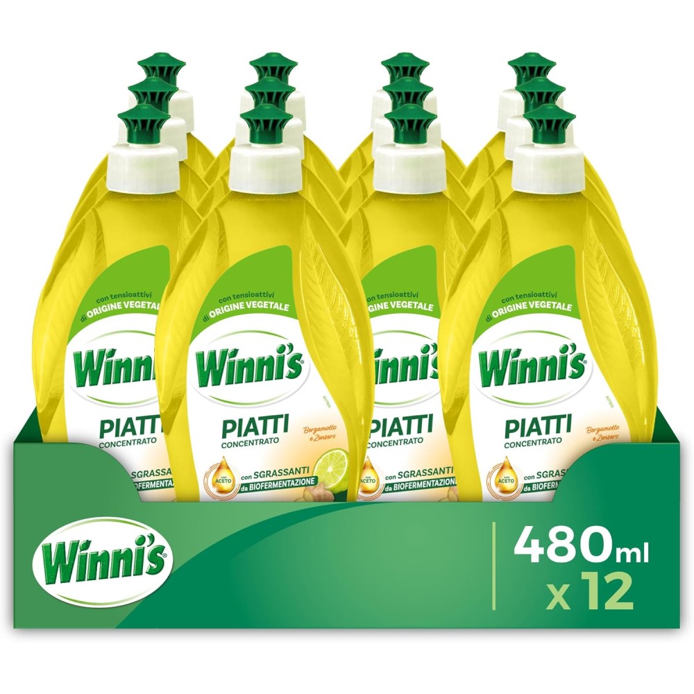 12 Winni's - Detersivo Piatti e Stoviglie a Mano, Bergamotto e Zenzero, Concentrato, Ipoallergenico