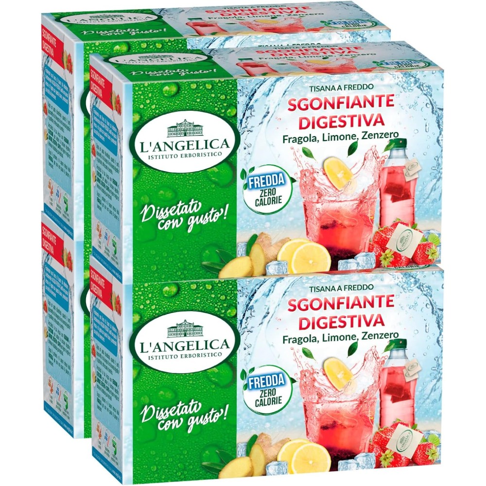 4x L'Angelica Tisana a Freddo Sgonfiante Digestiva con Fragola Limone e Zenzero Senza Calorie - 72 Filtri