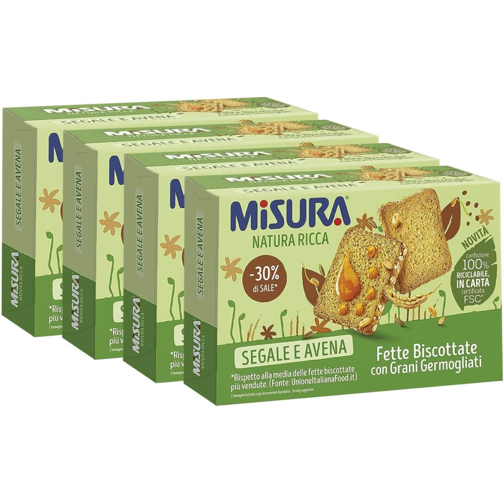 4X Misura Natura Ricca Fette Biscottate con Grani Germogliati, Segale e Avena 320g