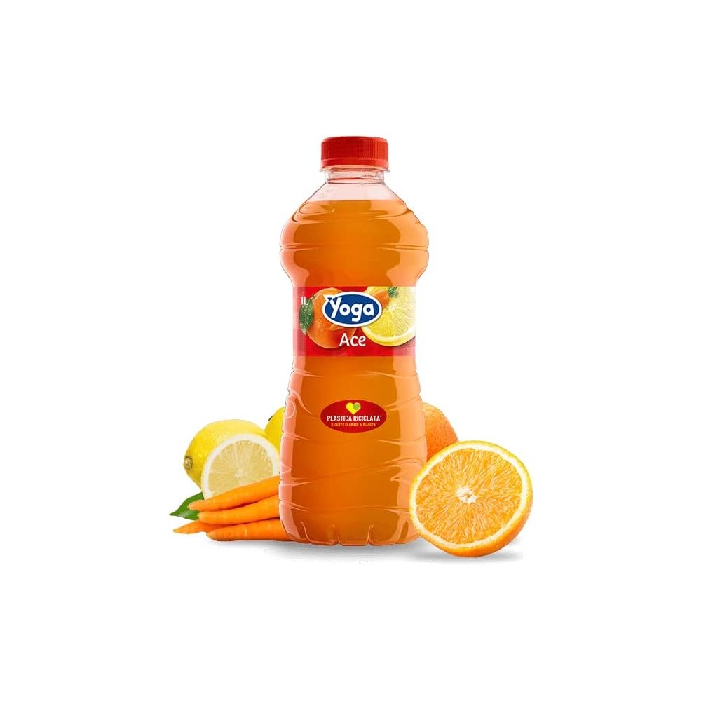 6 X Yoga Ace Succo di Frutta in Bottiglia al gusto di Arancia, Carota e Limone con Vitamina E 1L
