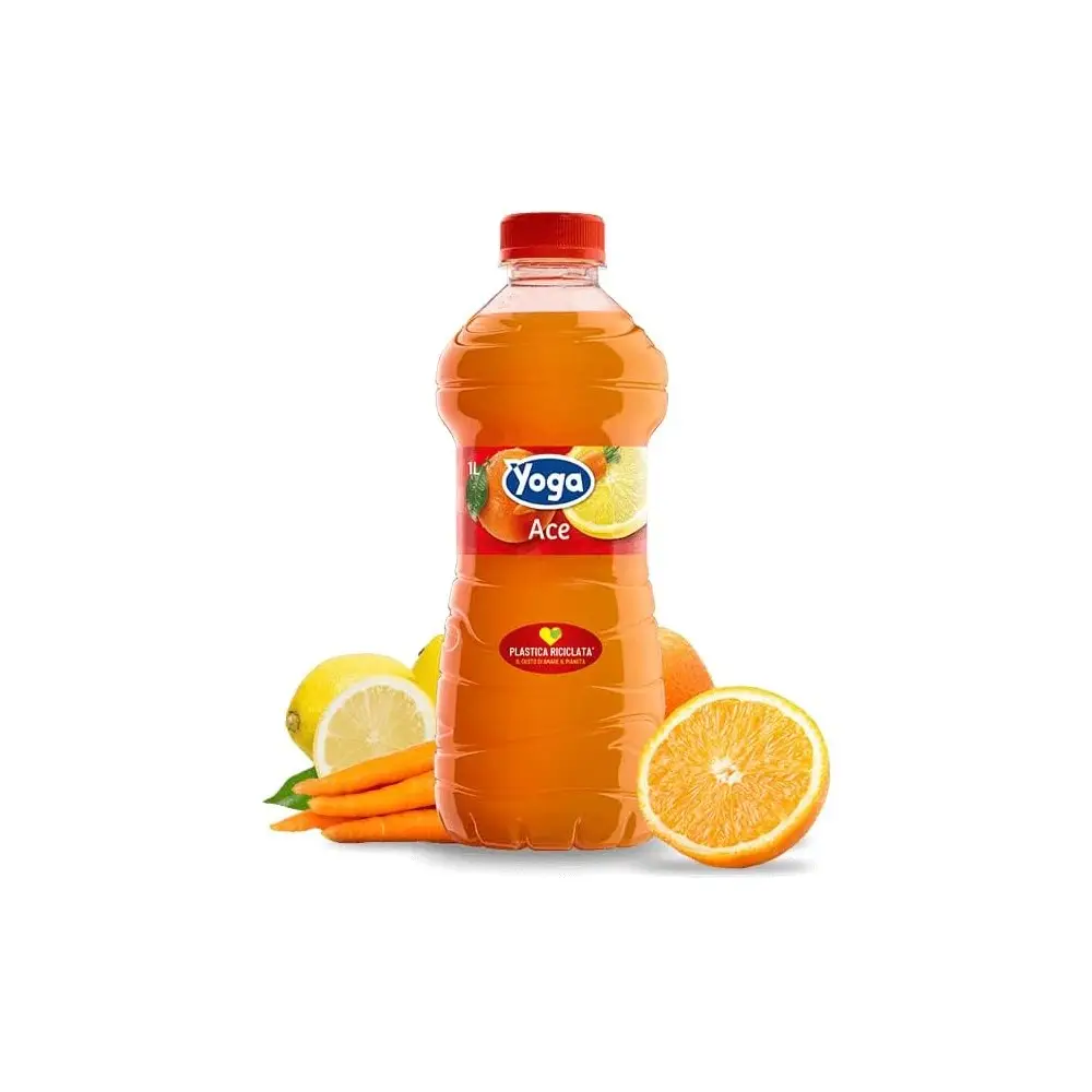6 X Yoga Ace Succo di Frutta in Bottiglia al gusto di Arancia, Carota e Limone con Vitamina E 1L
