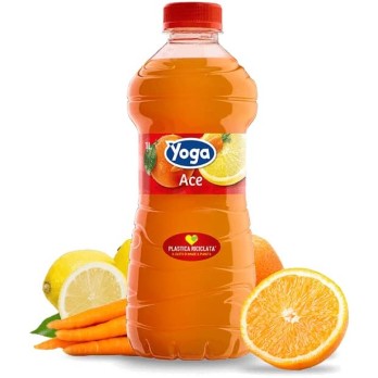 6 X Yoga Ace Succo di Frutta in Bottiglia al gusto di Arancia, Carota e Limone con Vitamina E 1L