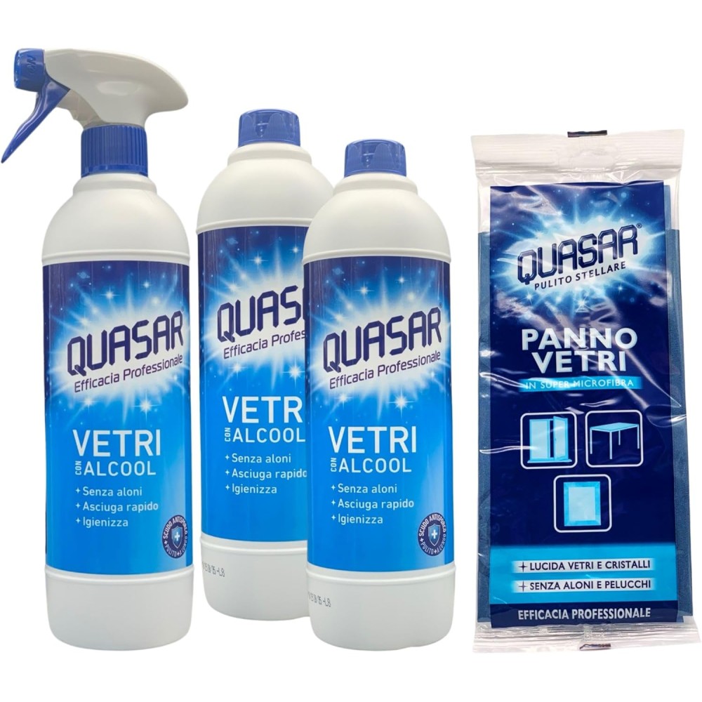 SET QUASAR PULIZIA VETRI CON ALCOOL: Spray 580ml + 2x Ricarica 580ml + Panno In Super Microfibra