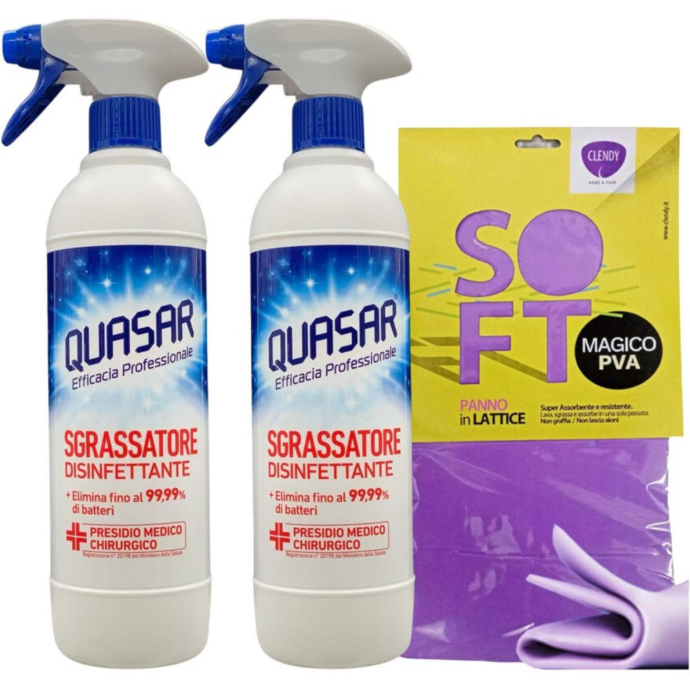 3 Spray SGRASSATORE DISINFETTANTE Ideale Per Cucina, Bagno e Capi D'Abbigliamento 580ml + Panno In Lattice SOFT 30x30Cm