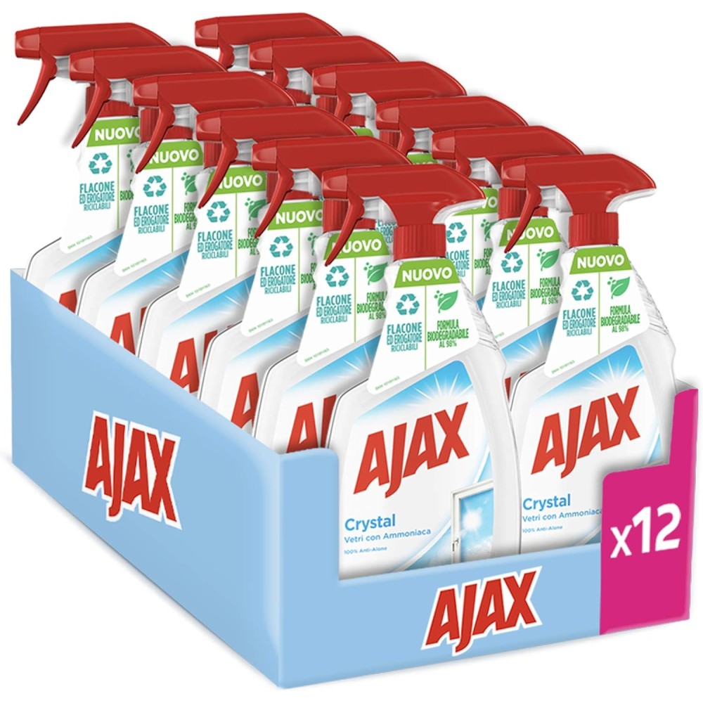 Ajax Detersivo Spray Crystal Clean Vetri 12 Flaconi da 750 ml | Detergente Vetro Spray Con Ammoniaca