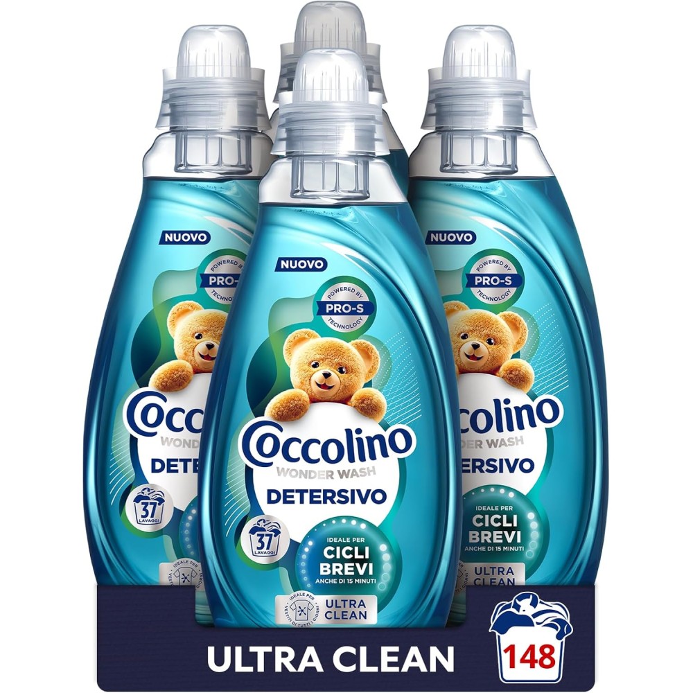 Coccolino Wonder Wash, Detersivo Lavatrice Liquido, Ultra Clean, Efficace nei Cicli Brevi da 15 Minuti 37 Lavaggi, 4 x 1480ml