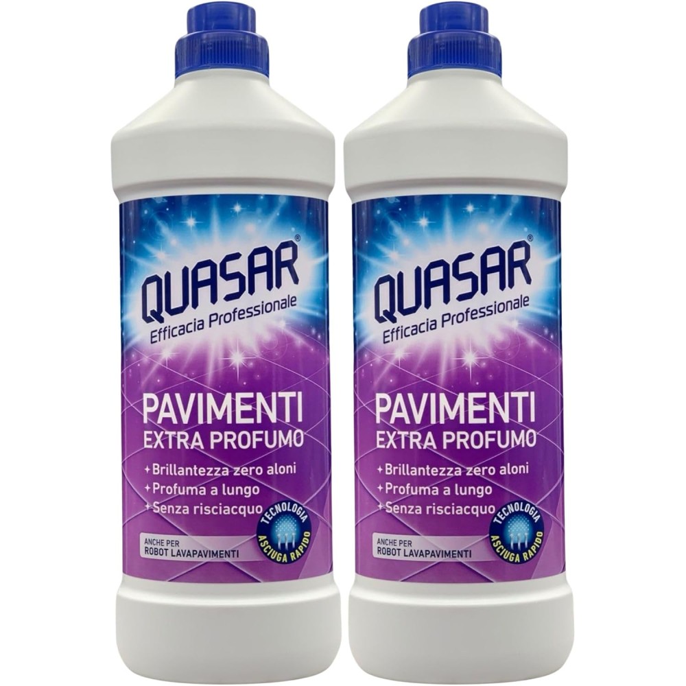 2x Quasar Detersivo PAVIMENTI EXTRA PROFUMO. Con Tecnologia Asciuga Rapido, Ideale Anche Per Robot Lavapavimenti 1000ml