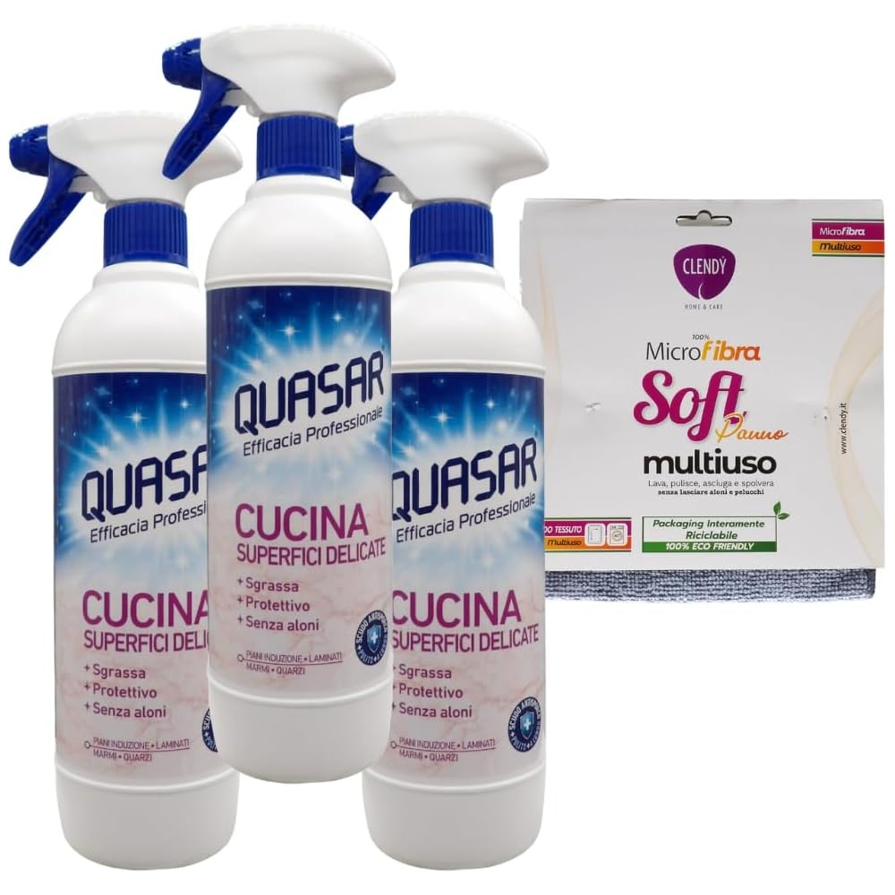 6 x Quasar Sgrassatore Spray CUCINA Superfici Delicate 580ml+ Panno Microfibra