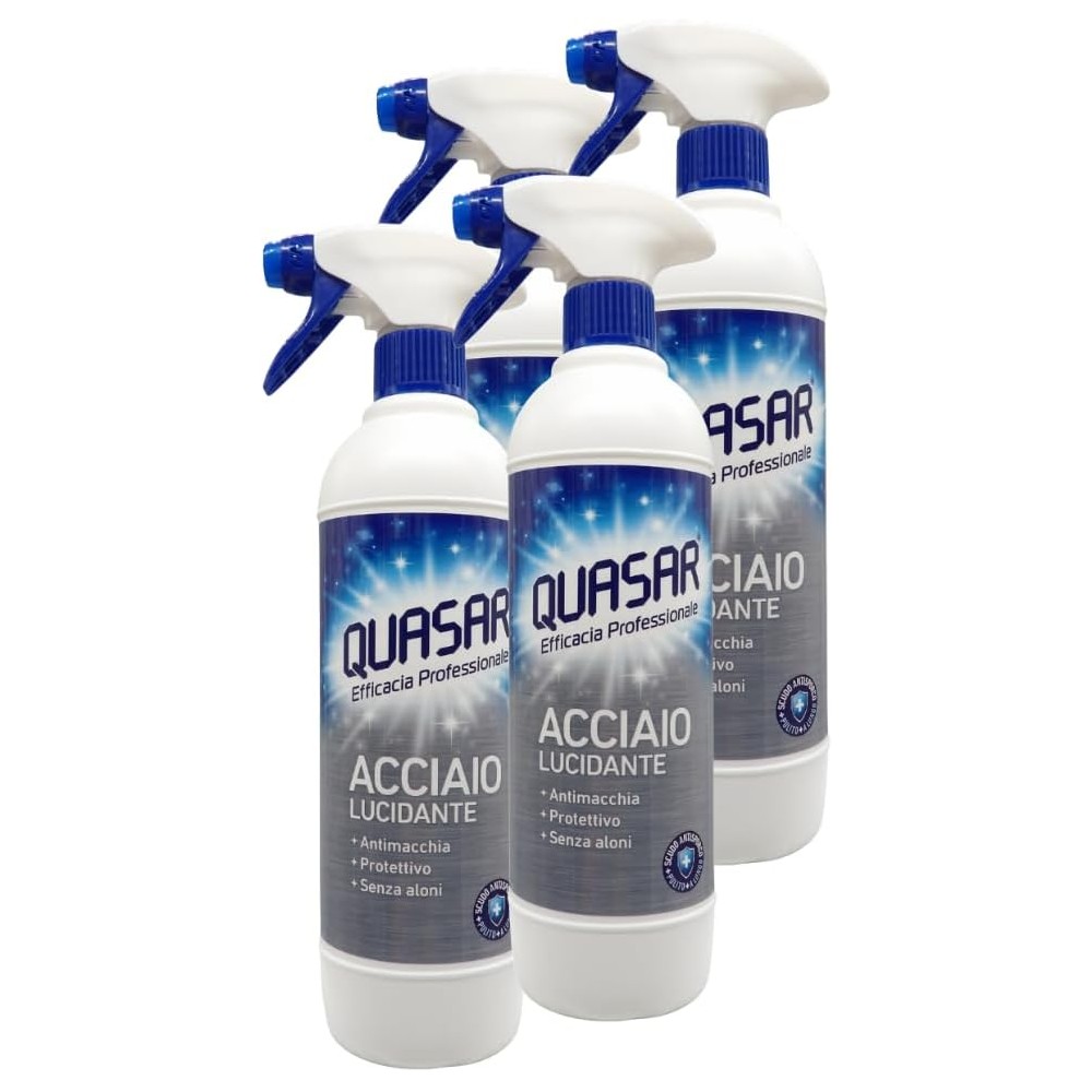 Quasar Detergente Spray ACCIAIO LUCIDANTE, Antimacchia, Protettivo, Senza Aloni 580ml 4 Spray