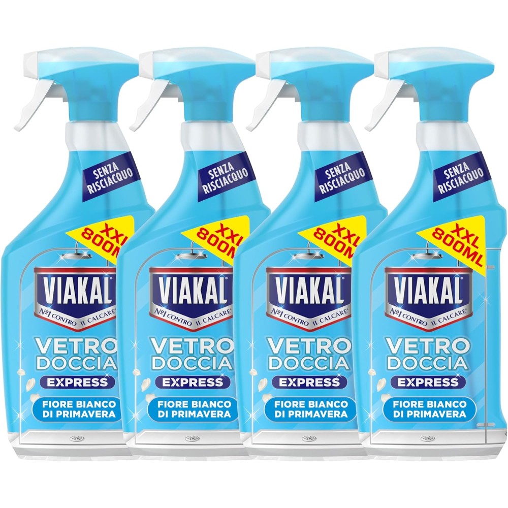 Viakal Vetro Doccia Express Spray, Fiori bianchi, Senza Risciacquo, Pulizia scintillante in una sola passata, 4x800ml