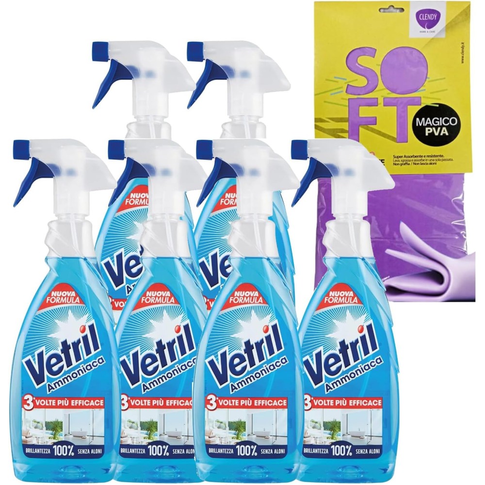 etril - Detergente Spray Vetri e Superfici con Ammoniaca, 650 ml x 6 Pezzi + Panno In Lattice