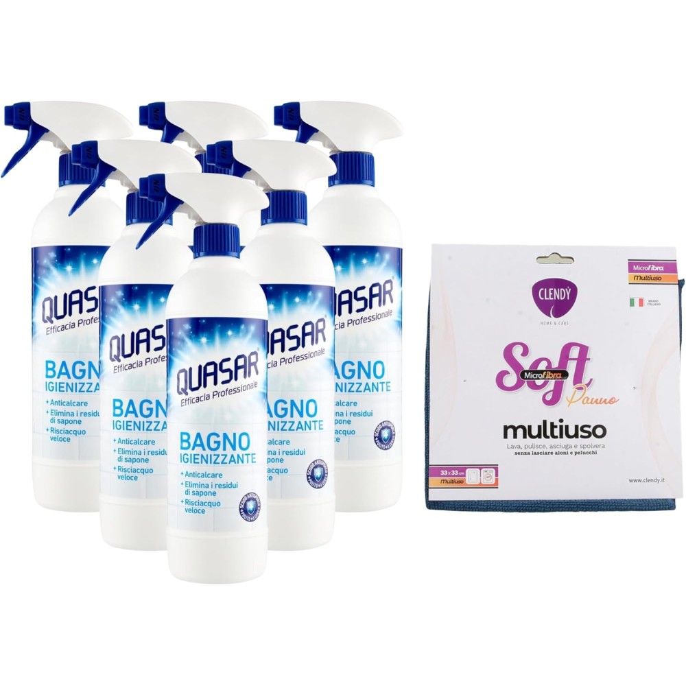 6x Quasar Detergente BAGNO Igienizzante Spray, Anticalcare Risciacquo Veloce 580ml + Panno microfibra