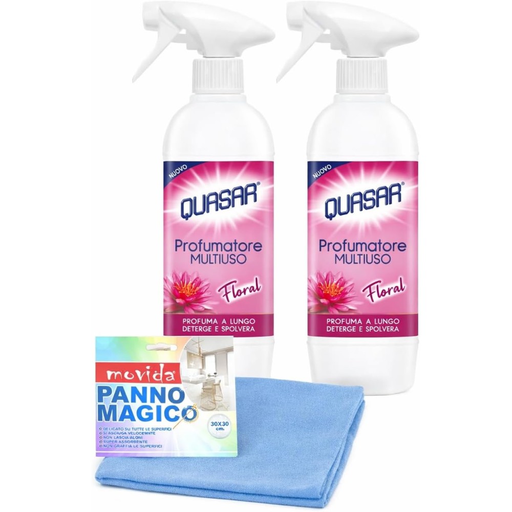 Spray Profumatore Multiuso Floral 500 ml, Confezione da 2 Bottiglie con Panno 500 ml Confezione da 2 + panno