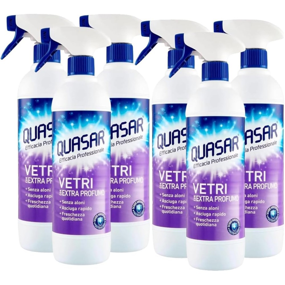 6 x Quasar Detergente, VETRI Con EXTRA PROFUMO. Senza Aloni, Asciuga Rapido, Freschezza Quotidiana 580ml