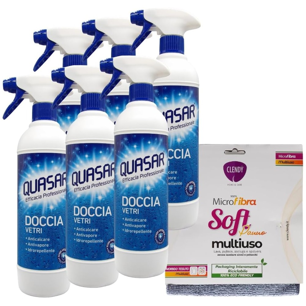 6x Quasar Detergente Spray DOCCIA VETRI 580ml + Panno Soft
