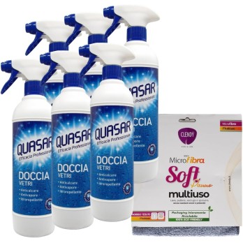 6x Quasar Detergente Spray DOCCIA VETRI 580ml + Panno Soft