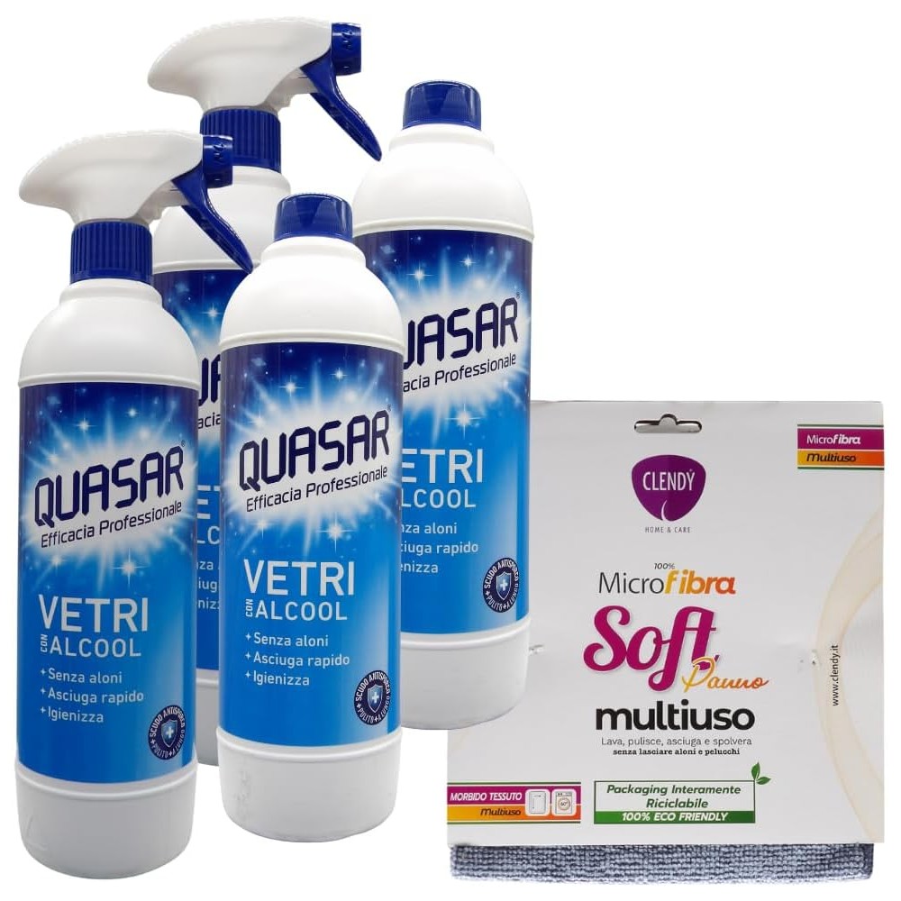 SET QUASAR VETRI CON ALCOOL 2 Trigger 580ml + 2 Ricarica 580ml + Panno mIcrofibra 750ml
