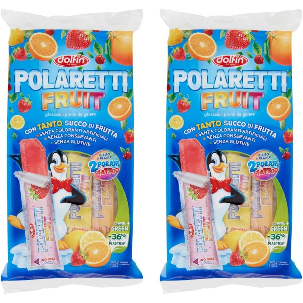 2X Dolfin Polaretti Fruit Confezione con 10 Ghiaccioli al gusto di Frutta (Arancia, Fragola, Amarena, Limone) 400ml