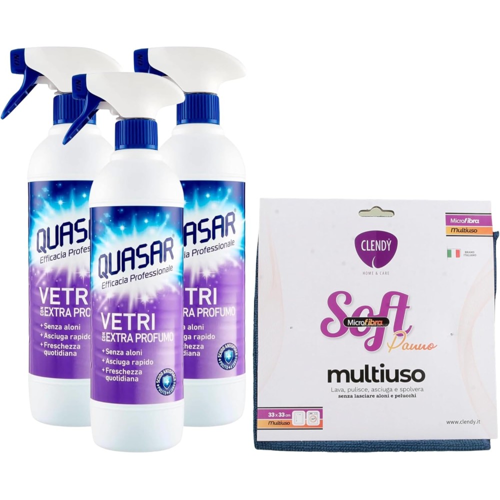 6 x Quasar Detergente, VETRI Con EXTRA PROFUMO. Senza Aloni, Asciuga Rapido, Freschezza Quotidiana 580ml + Panno