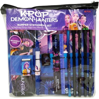 Set di cancelleria K-Pop Demon Hunters, astuccio, matita, gomma, temperino, penna, righello, quaderno, viola