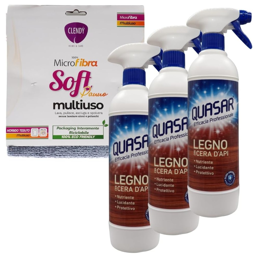 6x Quasar Detergente Spray LEGNO Con Cera D'Api. Nutriente, Lucidante 580ml + Panno Soft Microfibra 33x33