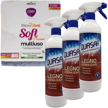 6x Quasar Detergente Spray LEGNO Con Cera D'Api. Nutriente, Lucidante 580ml + Panno Soft Microfibra 33x33