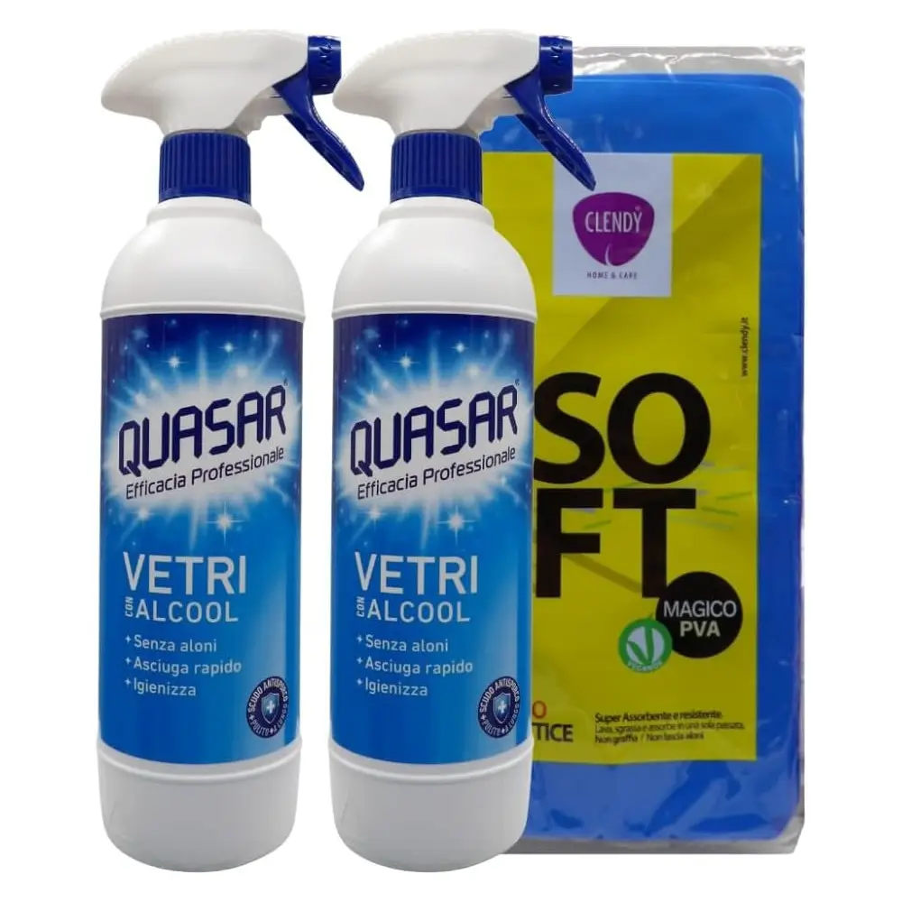 4 Quasar VETRI CON ALCOOL 580ml + Panno SOFT 30x30