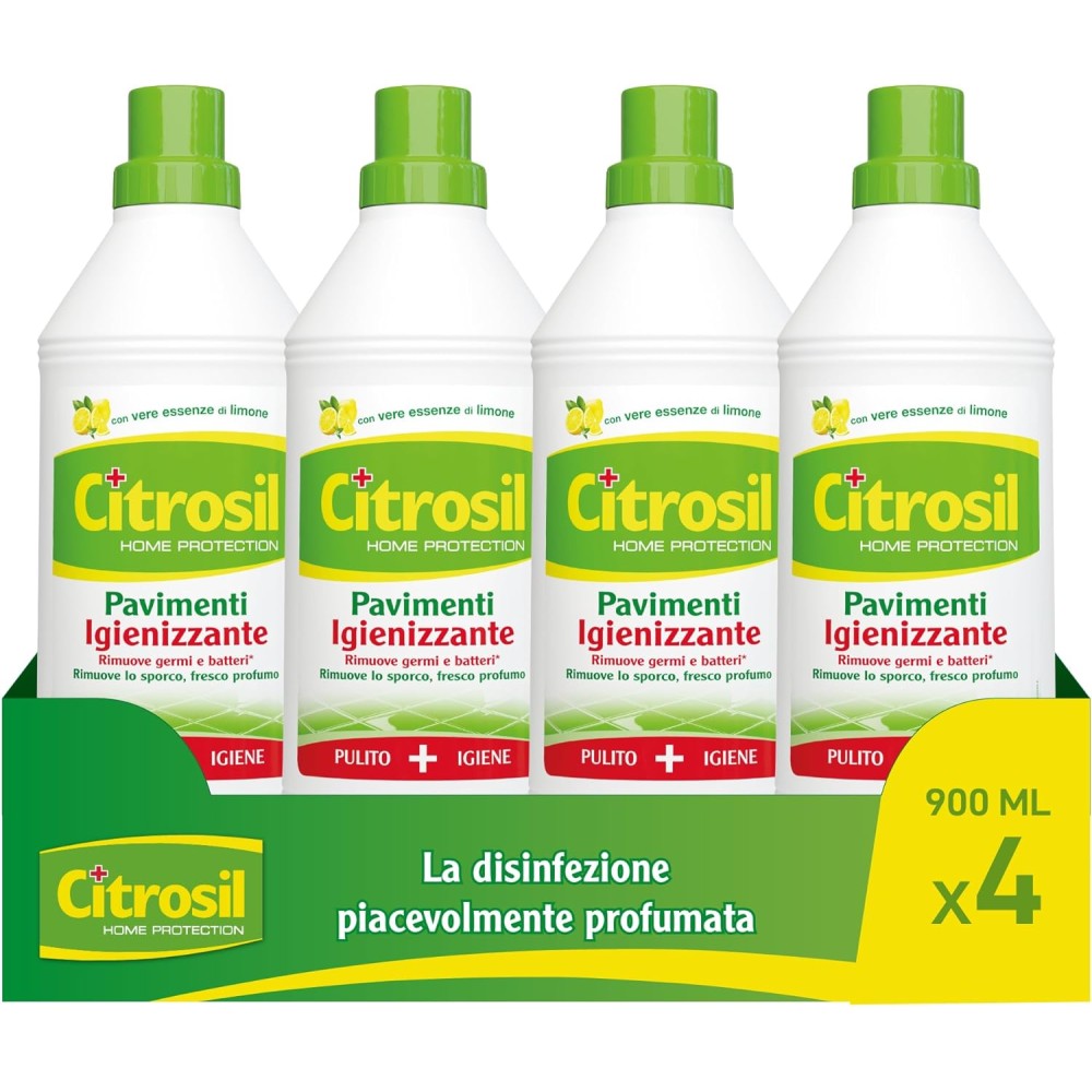 Citrosil Home Protection - Detergente Liquido Pulisci Pavimenti Disinfettante con Vere Essenze di Limone 900 ml x 4 Pezzi