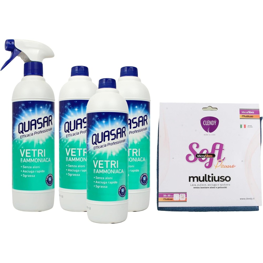 Quasar VETRI con AMMONIACA 580ml + Panno In Microfibra Multiuso SOFT 33x331 Spray + 3 Ric + 1 Panno