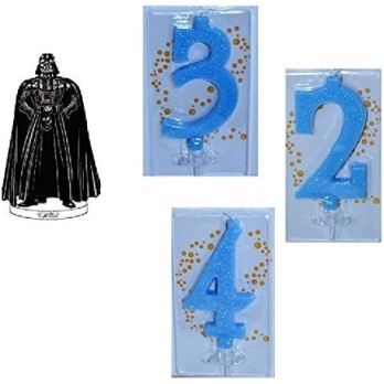 SET DECORAZIONE TORTA STAR WARS DART FENER + CANDELINA NUMERALE CELESTE A SCELTA